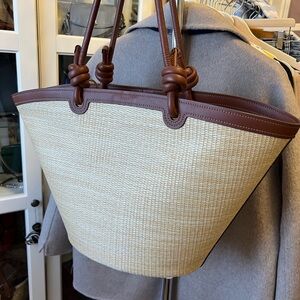 Fossil Cream Straw Tote with Brown Leather Trim